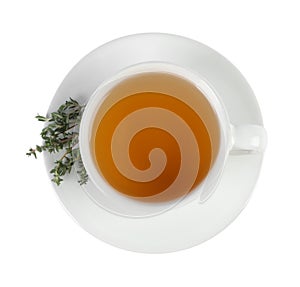 Aromatic herbal tea with thyme isolated on white, top view