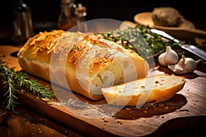 Aromatic herbs enhance the crispy crust of freshly sliced white bread