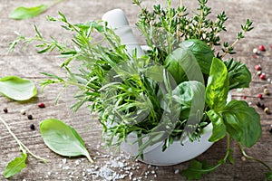 Aromatic herbs in mortar bowl. Basil, thyme, rosemary and tarragon. Fresh ingredients for cooking.