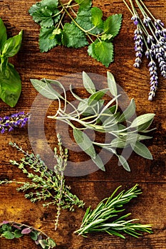 Aromatic herbs, shot from above on a rustic wooden background