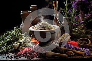 Aromatic herbs and spices on rustic table
