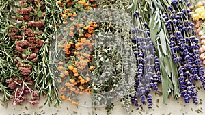 Aromatic herbs such as rosemary and sage are carefully harvested and dried to be used in aromatherapy blends
