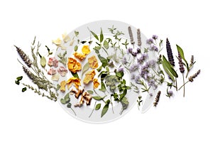 Aromatic herbs for tea, floral design isolated on white, illustration generated by ai