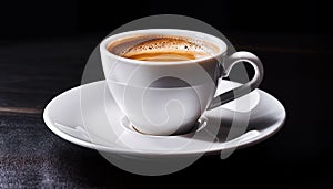 Aromatic hot espresso in a white cup placed on a saucer on a dark table
