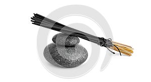 Aromatic incense sticks and spa stones on white background