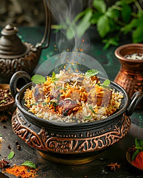 Aromatic Indian Biryani Rice with Chicken, Saffron, Herbs in Traditional Clay Pot on Rustic Table with Tea