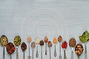 Aromatic Indian spices and herbs on metal spoons: star anise, fragrant pepper, cinnamon, nutmeg, bay leaves, paprika, clove