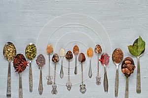 Aromatic Indian spices and herbs on metal spoons: star anise, fragrant pepper, cinnamon, nutmeg, bay leaves, paprika, clove