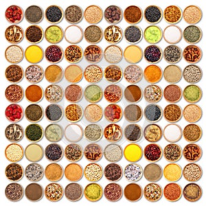 Aromatic ingredients collage on white background