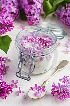 Aromatic lilac sugar on jar