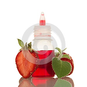 The aromatic liquid for vaping, near strawberry and mint isolated on white