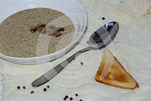 Aromatic mushroom cream soup with champignons. Fresh vegetables and freshly baked bread. A hearty and delicious lunch.