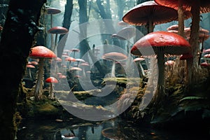 Aromatic Mushroom rain forest. Generate Ai