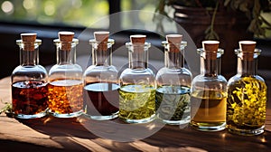 Aromatic oils for massage and medicine. Glass bottles with oil and flowers inside. Organic herbal essence. Generative AI