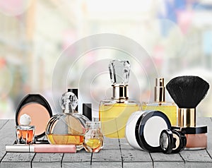 Aromatic Perfume bottles on background