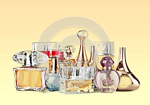 Aromatic Perfume bottles on background