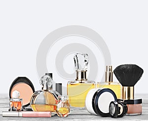 Aromatic Perfume bottles on background