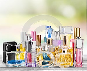 Aromatic Perfume bottles on bright background