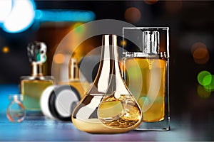 Aromatic Perfume bottles on dark background