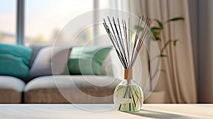 Aromatic reed air freshener and flowers on table