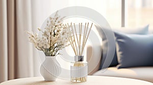 Aromatic reed air freshener and flowers on table