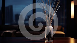 Aromatic reed air freshener and flowers on table