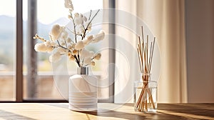 Aromatic reed air freshener and flowers on table