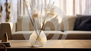 Aromatic reed air freshener and flowers on table