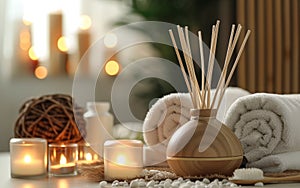Aromatic reed air freshener sticks on table in spa salon