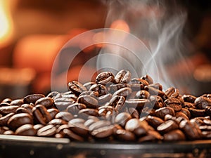 Aromatic roasted coffee beans, in a coffee roaster