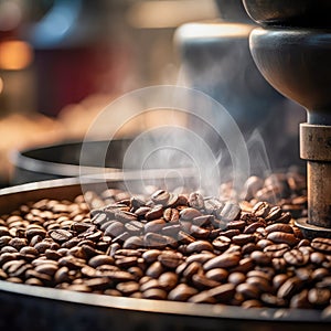 Aromatic roasted coffee beans, in a coffee roaster