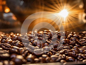 Aromatic roasted coffee beans, in a coffee roaster