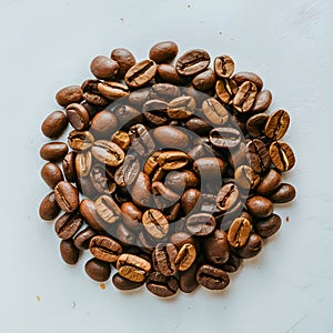 Aromatic roasted coffee beans scattered on a white background