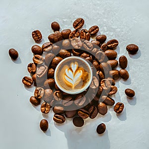 Aromatic roasted coffee beans scattered on a white background