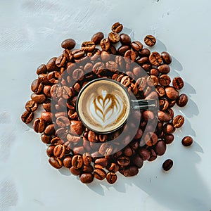 Aromatic roasted coffee beans scattered on a white background