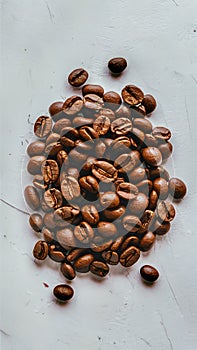 Aromatic roasted coffee beans scattered on a white background