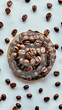 Aromatic roasted coffee beans scattered on a white background