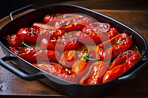 Aromatic Roasted peppers in pan. Generate ai
