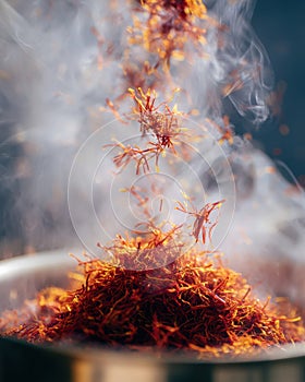 Aromatic saffron threads in culinary cooking scene with rising smoke