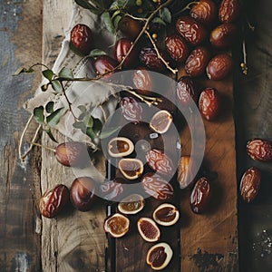 the aromatic scent of fresh dates fills the air as they sit delicately on a rustic wooden table, inviting you to indulge