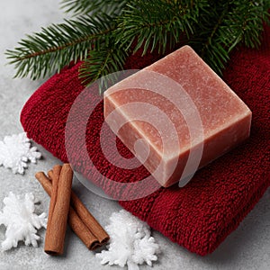 Aromatic soap on red towel with cinnamon sticks.