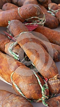 Aromatic Sobrasada Sausages, a Balearic Delicacy Displayed at a Local Market