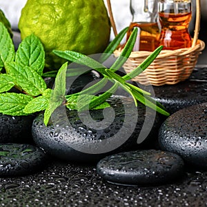 Aromatic spa still life of bottles essential oil, fresh mint, rosemary, bergamot fruits, towels and candles on zen stones