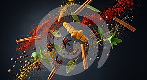 Aromatic Spice Explosion: Culinary Ingredients on Dark Background