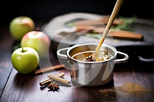 aromatic spiced cider in a metal pot with ladle