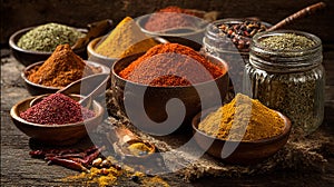 Aromatic Spices and Herbs Displayed in Bowls and Jars on a Rustic Wood Surface