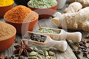 Aromatic spices and herbs. Ingredients for cooking. Ayurveda treatments photo