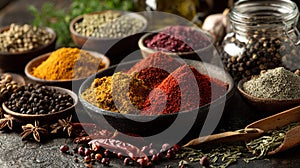 Aromatic Spices and Herbs in Rustic Wooden Bowls for Culinary Excellence