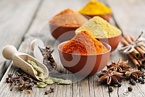 Aromatic spices - red chili pepper, turmeric, cardamom, cinnamon, cloves, anise, paprika. Ingredients for cooking.