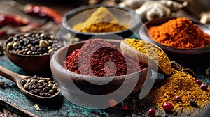 Aromatic Spices Still Life Displayed in Wooden Bowls on Rustic Surface